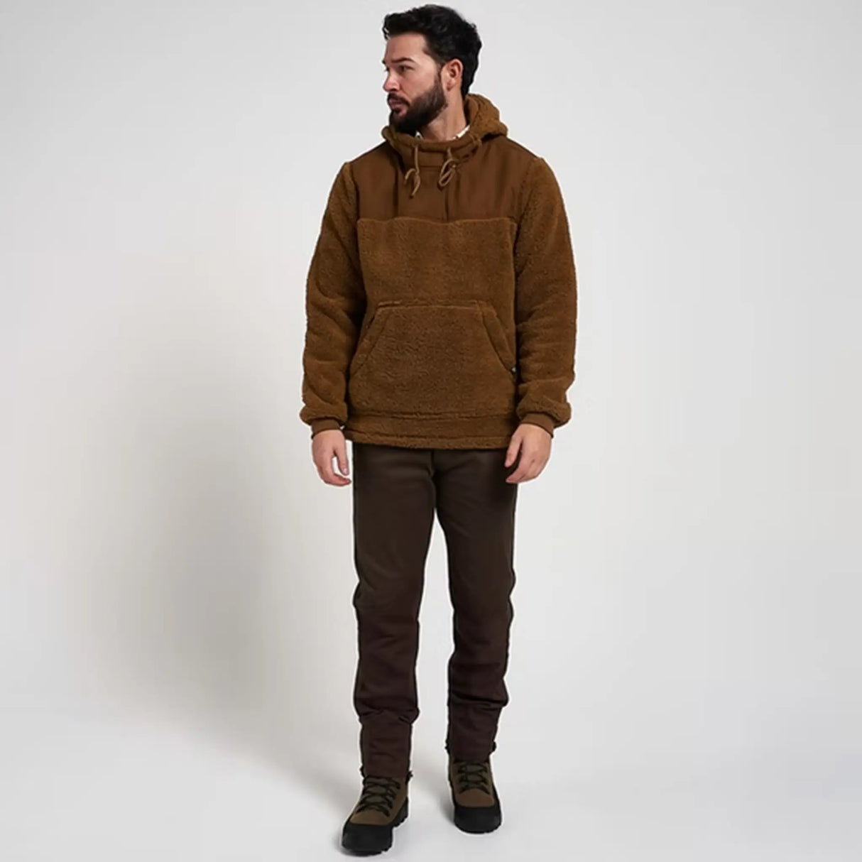 Jack Pyke Sherpa Fleece Hoodie Gen2 in camel from the front at distance on white background