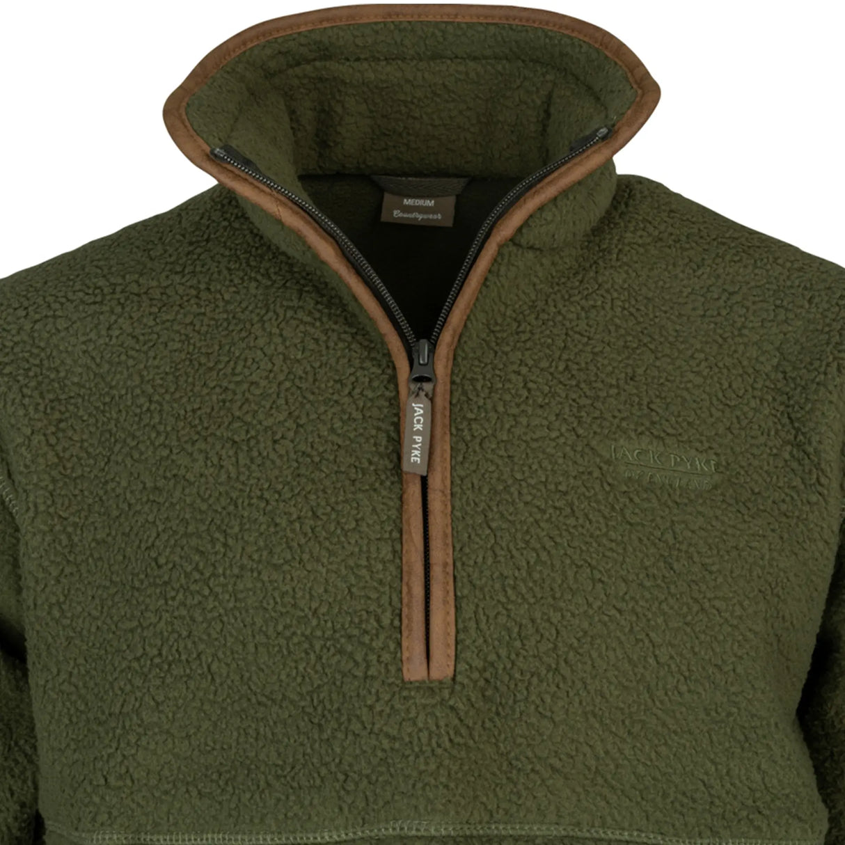 Jack Pyke Sherpa Half Zip Pullover in dark olive close up of the half zip closure