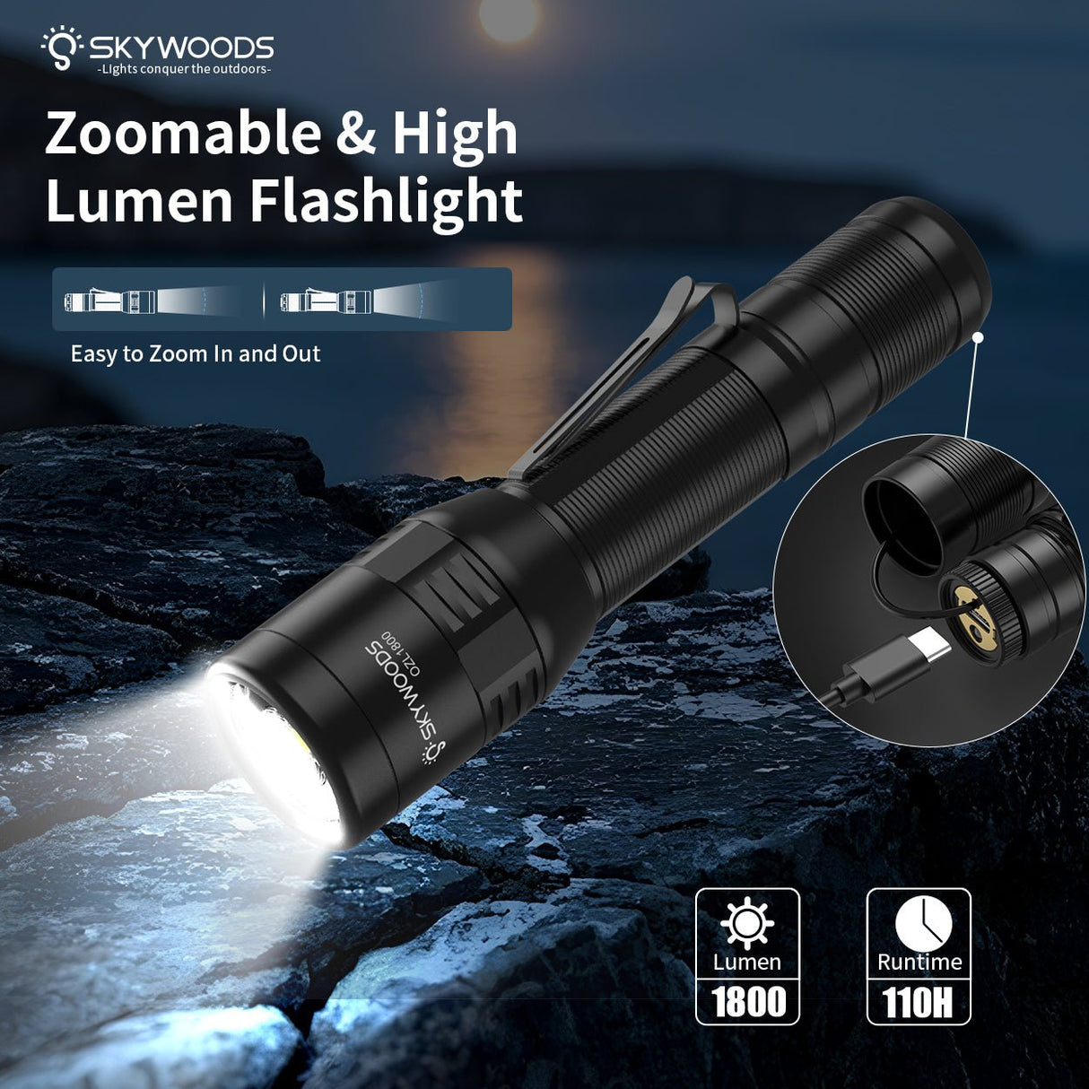 Skywoods OZL1800 Zoomable Torch Light - zoomable head with 1800 lumen and 110 hour runtime badges