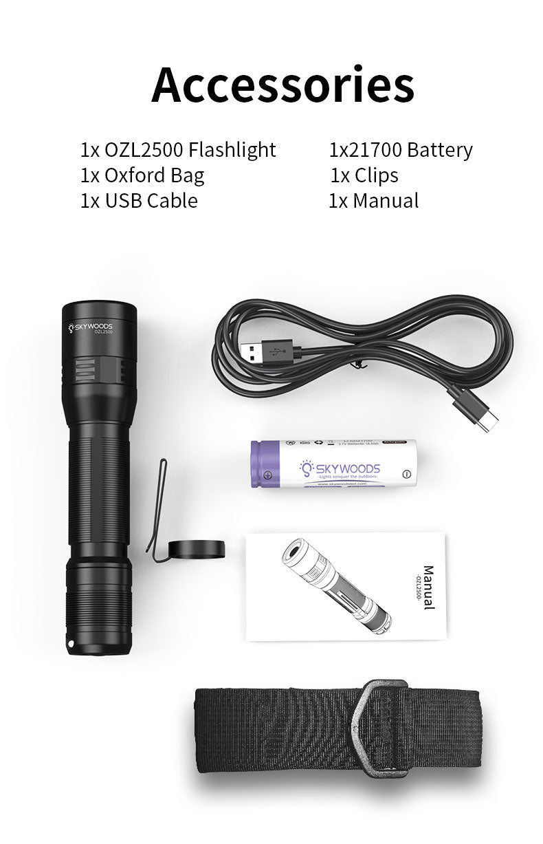 Skywoods OZL2500 Zoomable Torch Light - box contents with oxford bag, 21700 battery, USB cable and clip