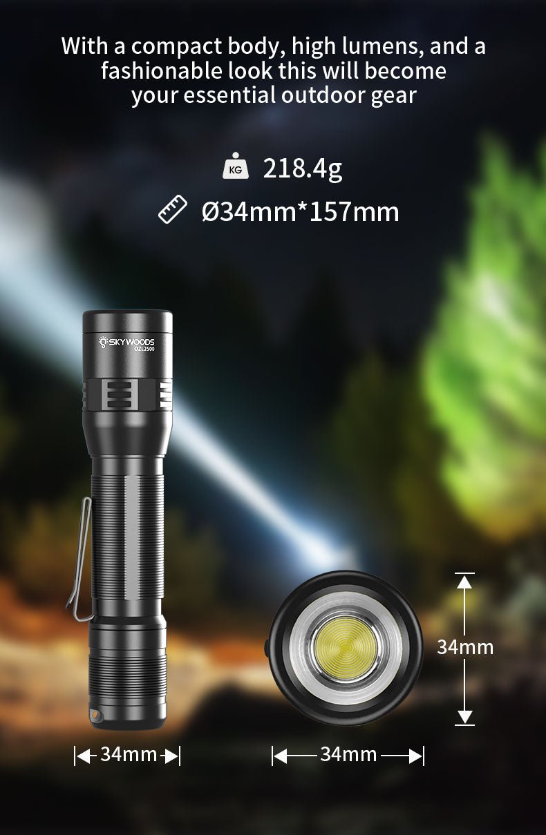 Skywoods OZL2500 Zoomable Torch Light - dimensions and 218.4g weight diagram