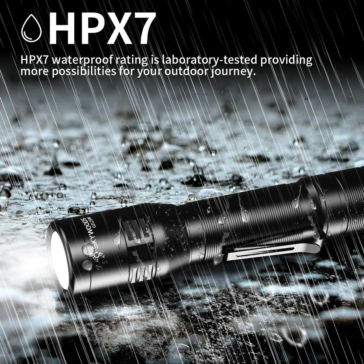 Skywoods OZL2500 Zoomable Torch Light - IPX7 waterproof rating shown in heavy rain