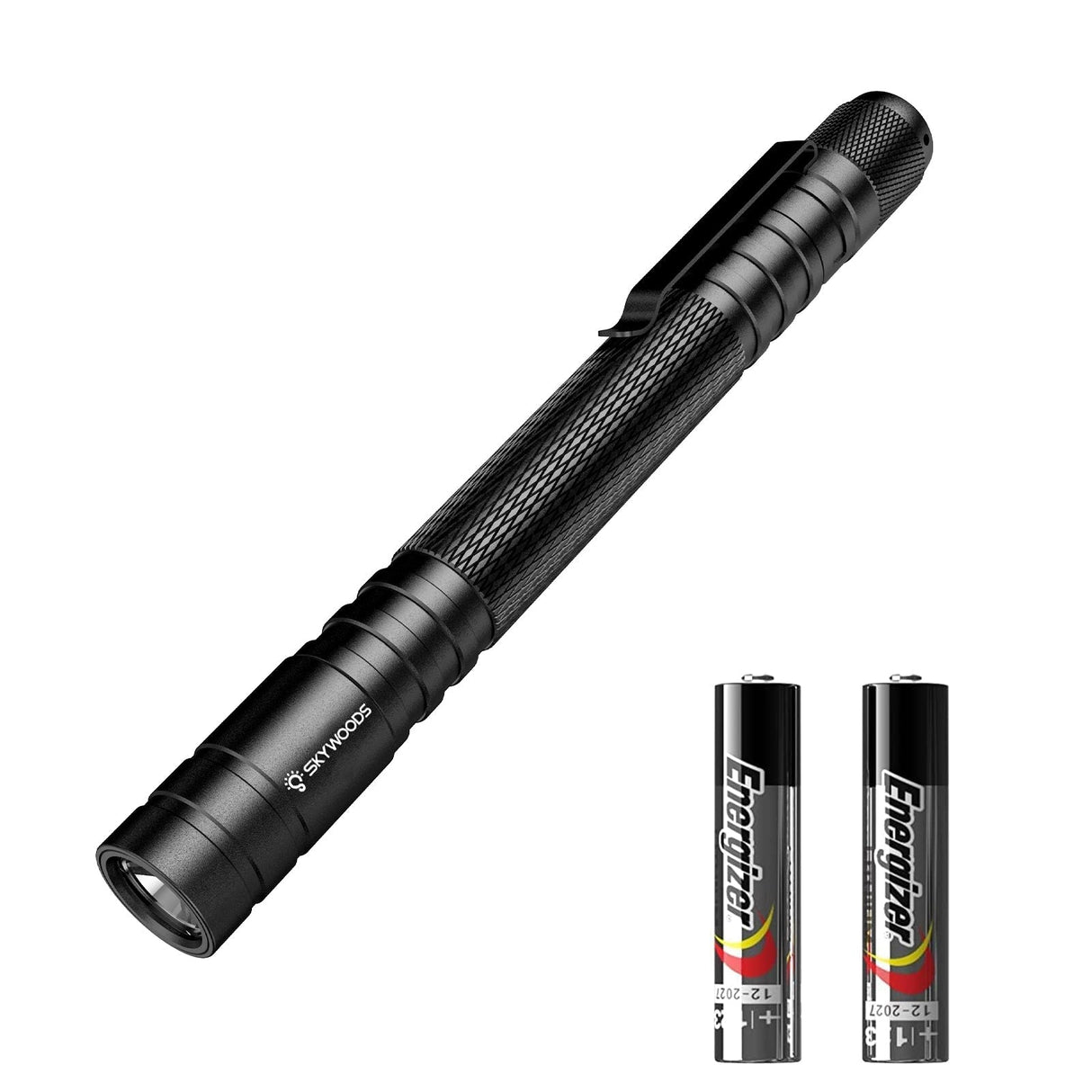 Skywoods Fix P3 Zoomable Pen Light - full body view with the two supplied AAA batteries