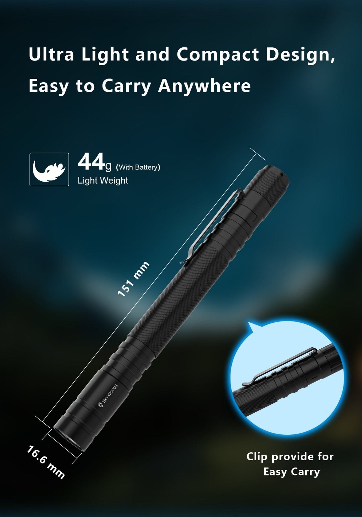 Skywoods Fix P3 Zoomable Pen Light - compact 44g body and 151mm length