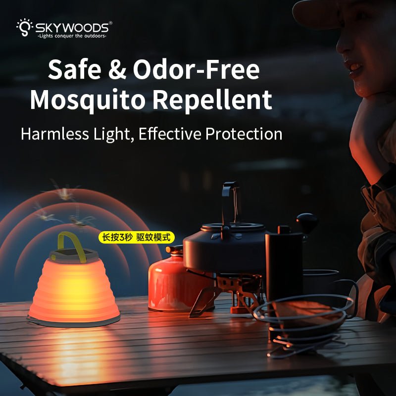 Skywoods L51980 Solar Camping Lantern - odour free mosquito repellent mode in use