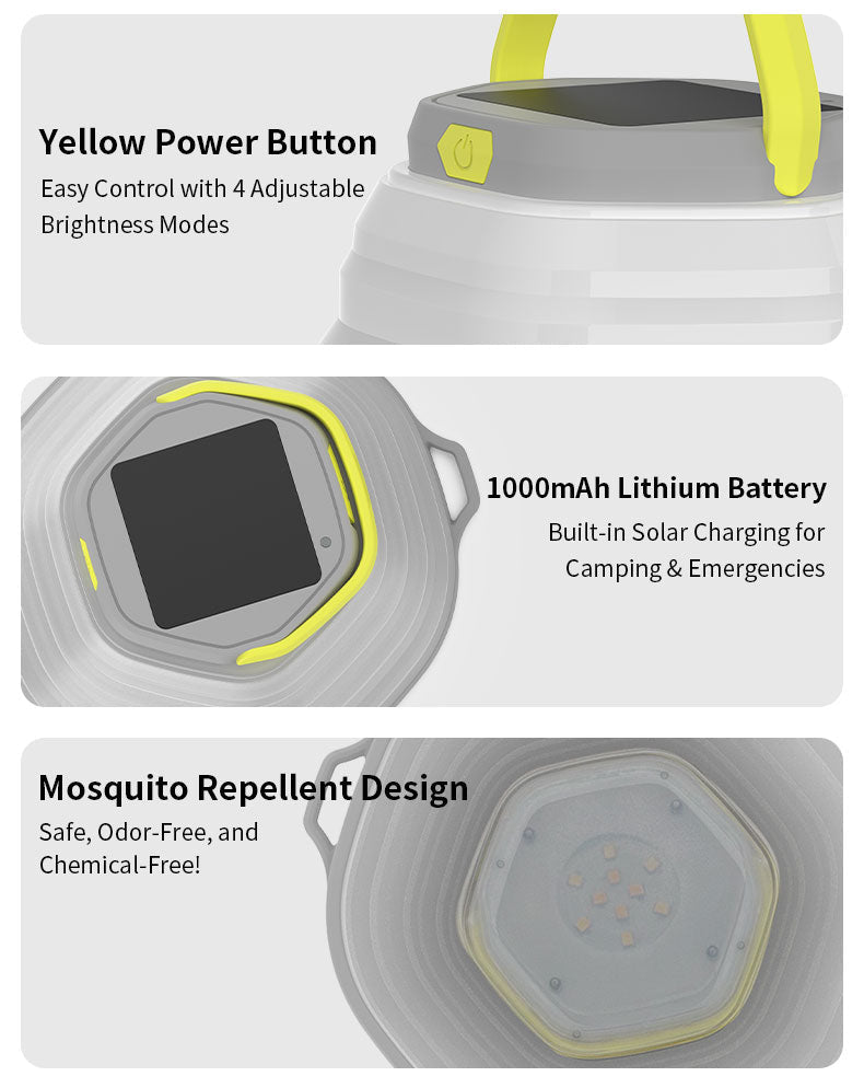 Skywoods L51980 Solar Camping Lantern - power button, 1000mAh battery and solar charging