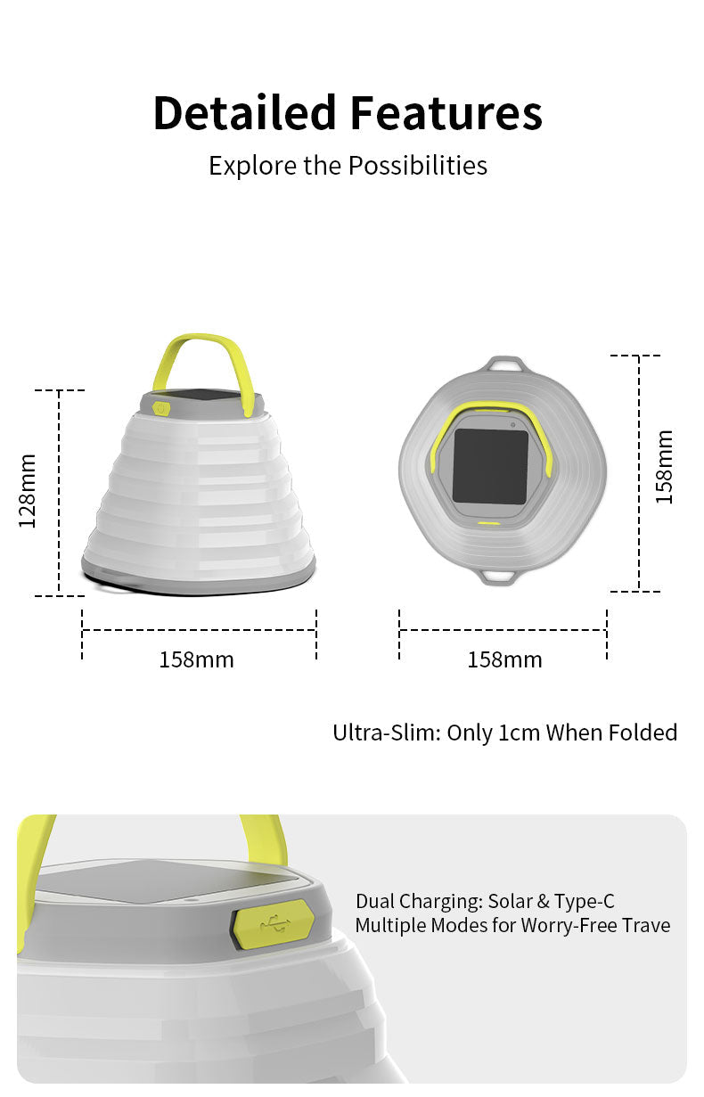Skywoods L51980 Solar Camping Lantern - dimensions of the expanded and folded lantern