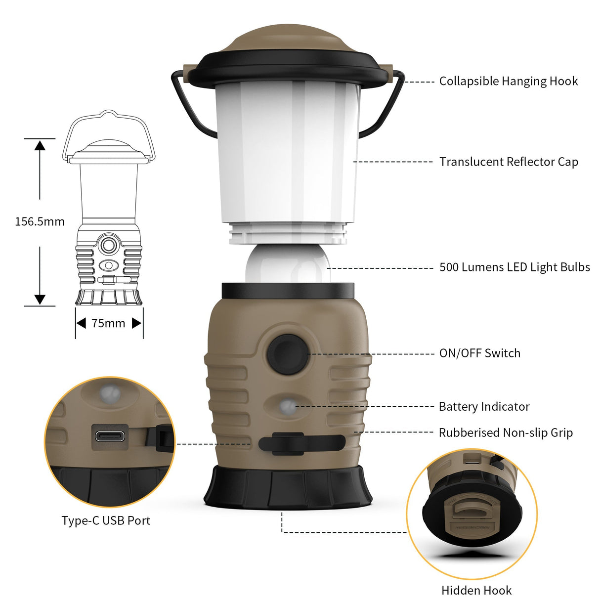 Skywoods L50270 Camping Lantern - labelled diagram of the hook, cap, switch, grip and USB-C port