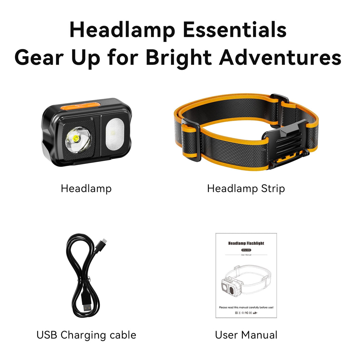 Skywoods OHL550 Headlamp - box contents with headlamp, headband, cable and manual