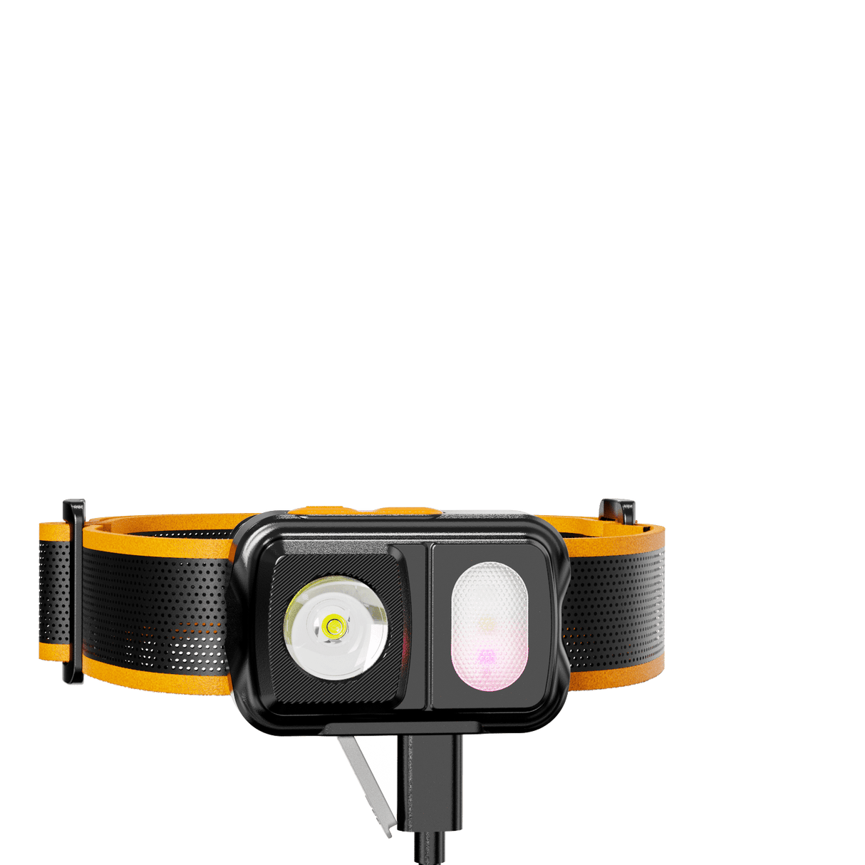 Skywoods OHL550 Headlamp - front view with the headband and charging cable