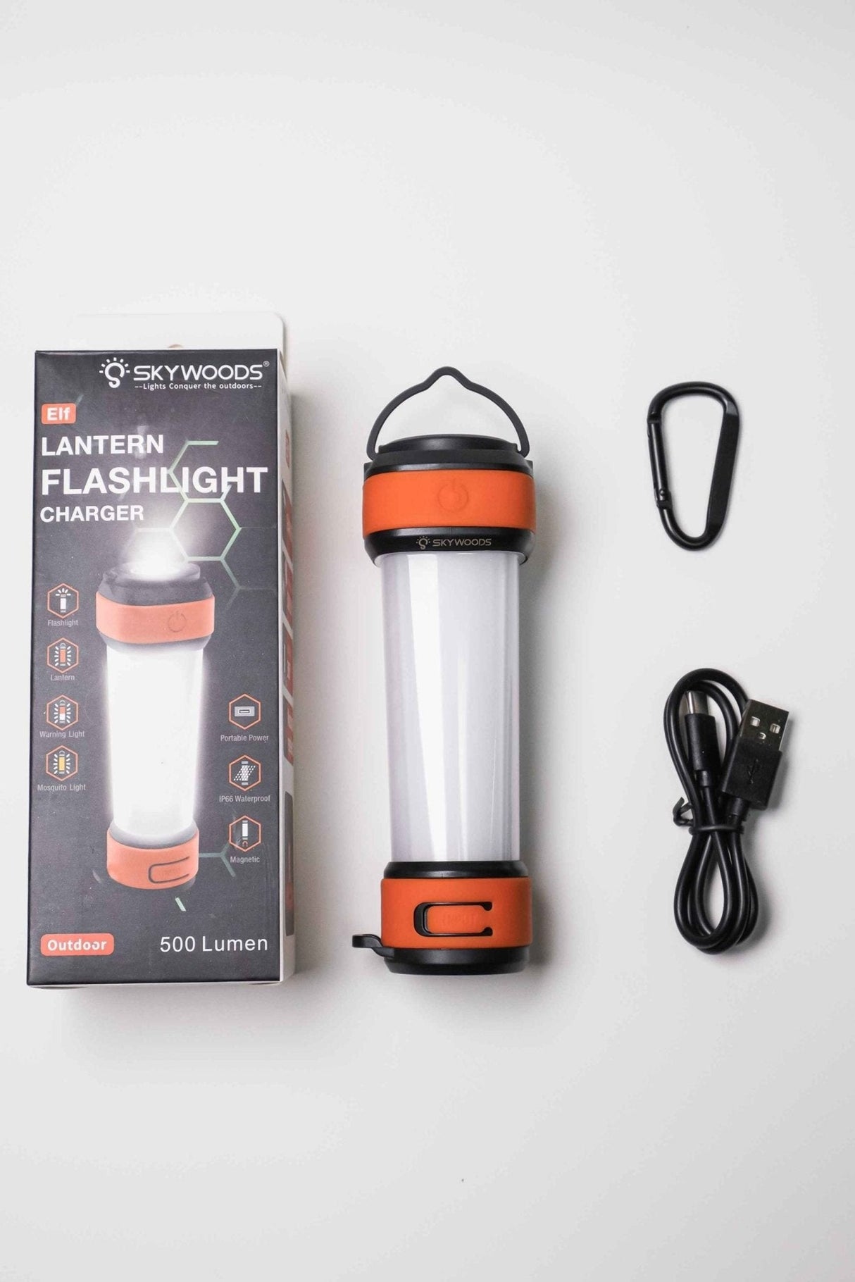 Skywoods L70931 Camping Lantern - box contents with lantern, carabiner and USB cable