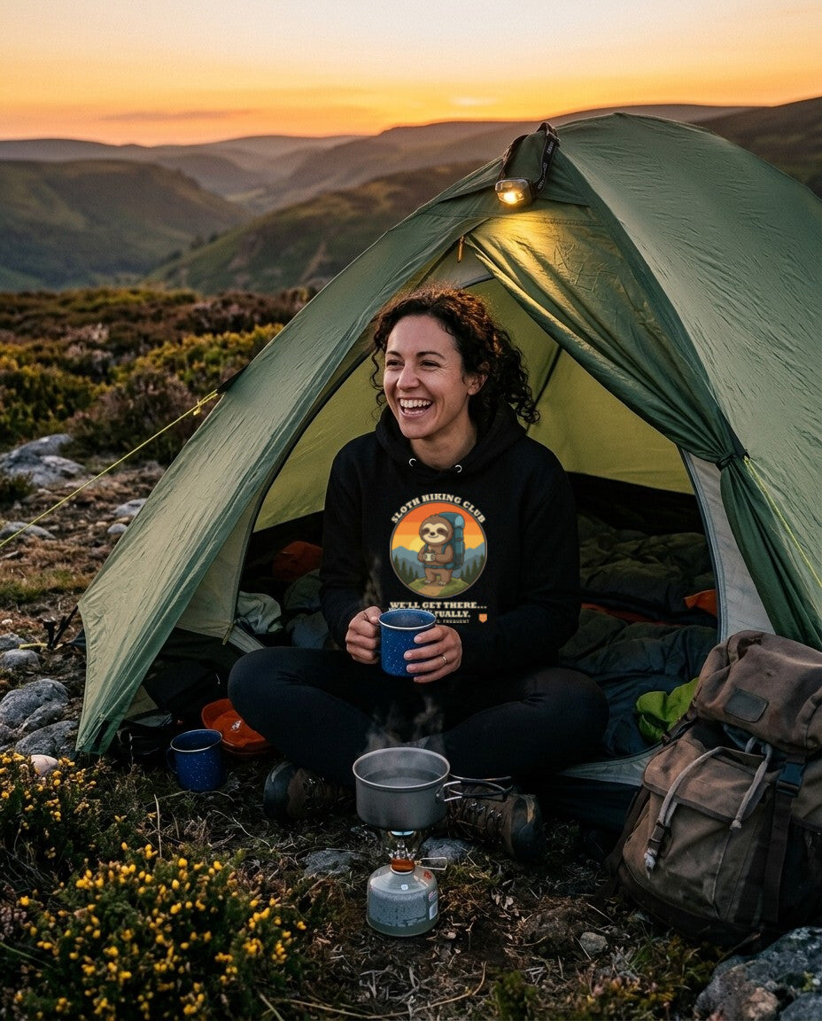 Woman with a brew in her tent doorway at sunset wearing the Sloth Hiking Club: Hilltop Hoodie in Black