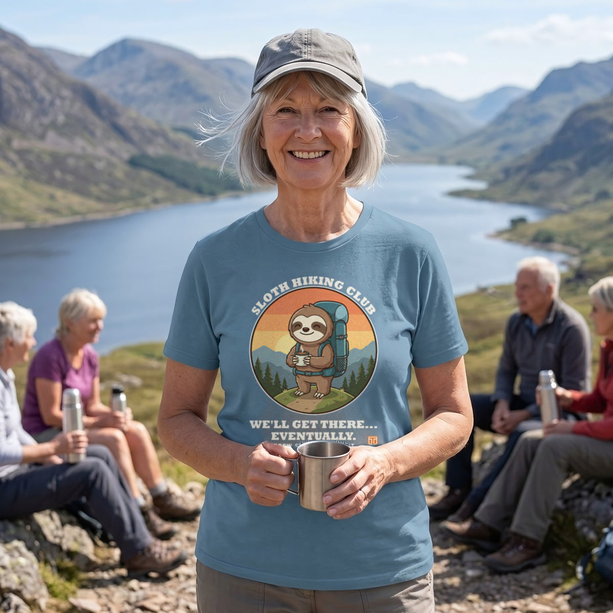 Woman with a camping mug at a Highland loch viewpoint with her walking group, wearing the Sloth Hiking Club: Hilltop T-Shirt in Steel Blue