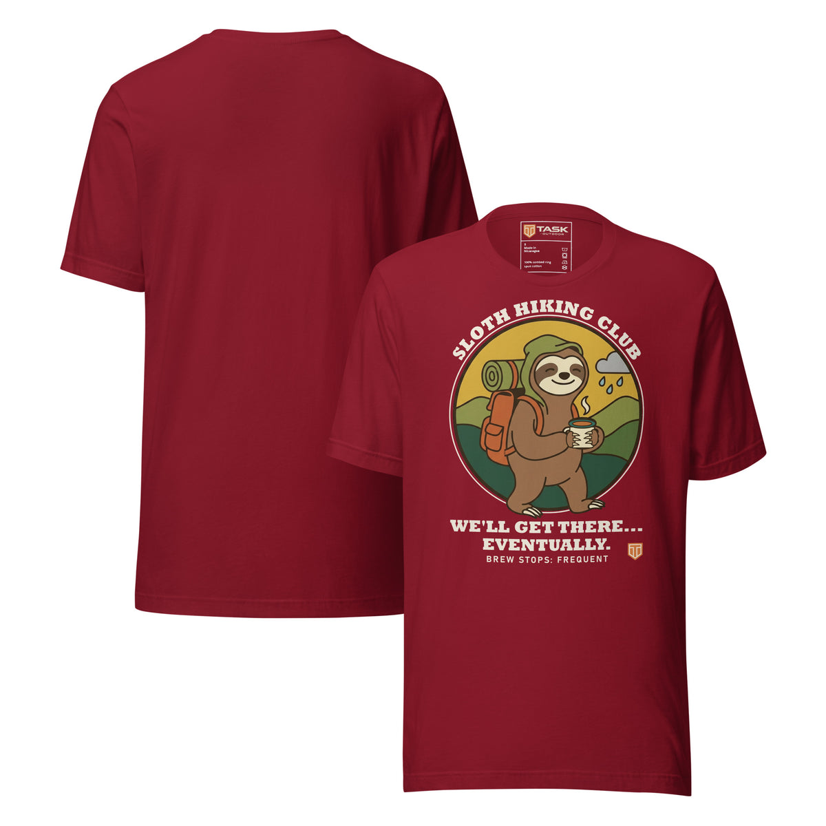 Sloth Hiking Club: Walking T-Shirt in Cardinal, front and plain back view