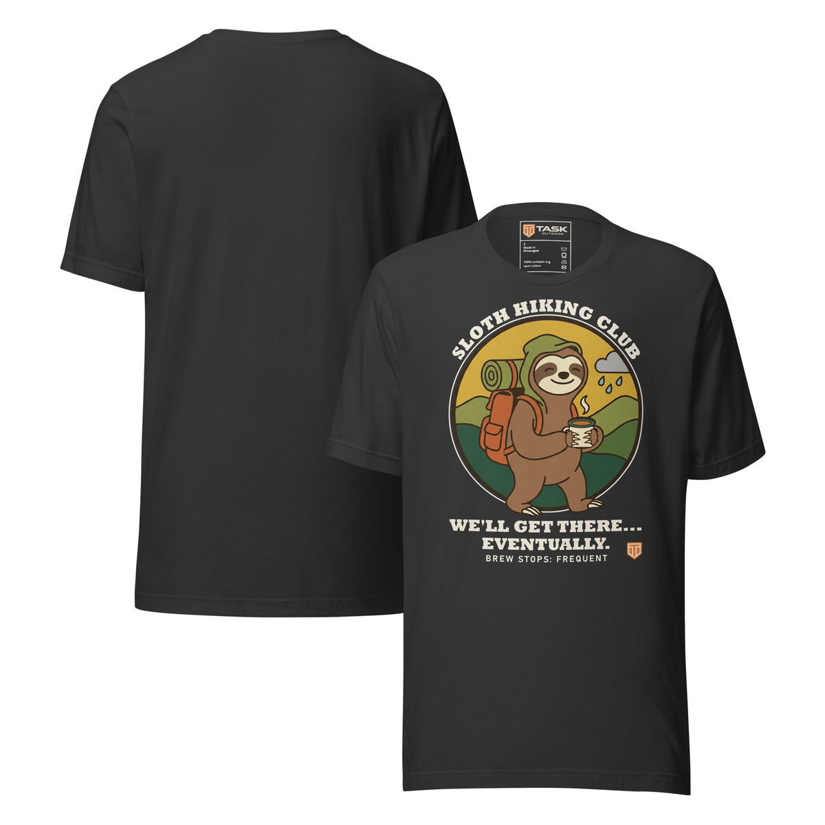 Sloth Hiking Club: Walking T-Shirt in Dark Grey, front and plain back view