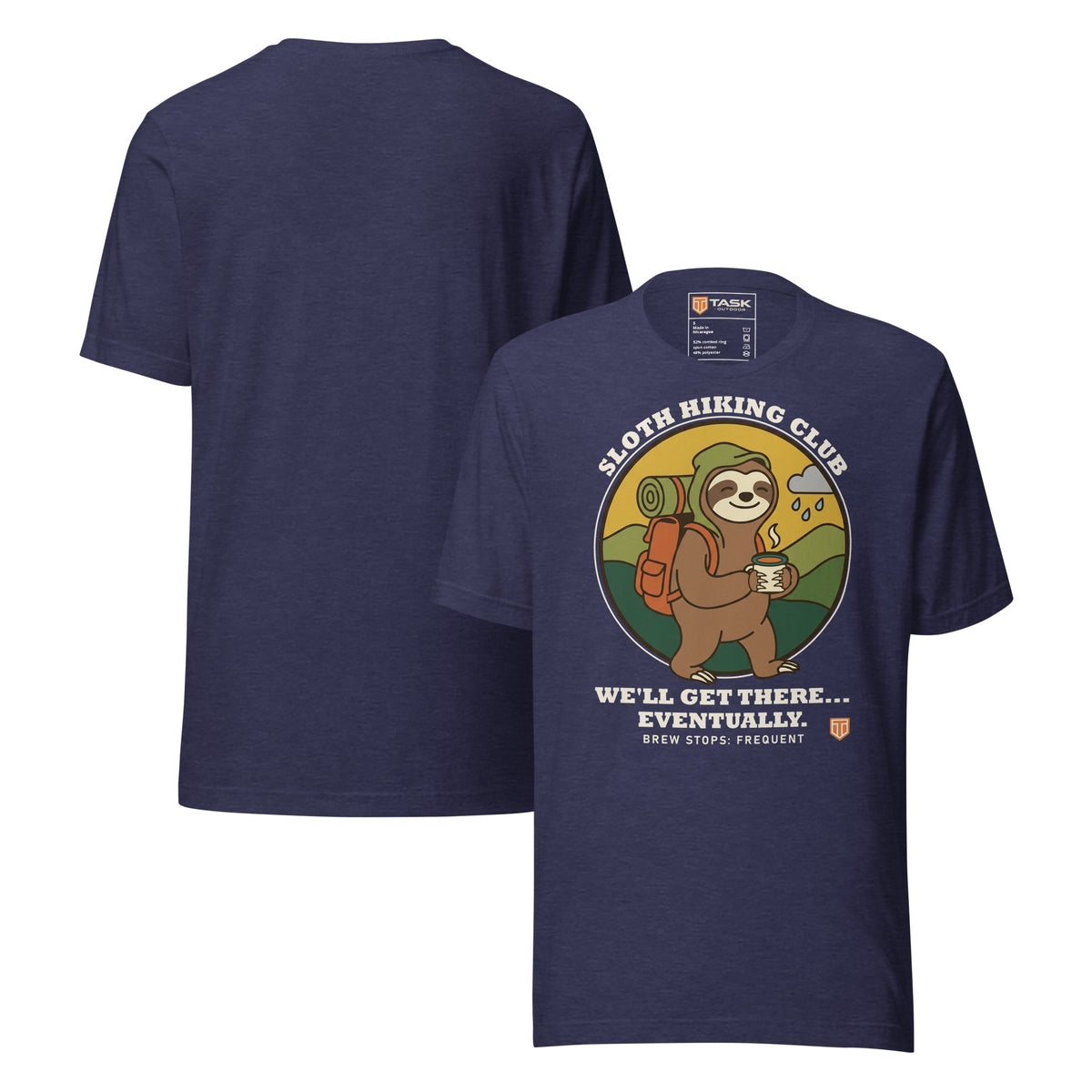 Sloth Hiking Club: Walking T-Shirt in Heather Midnight Navy, front and plain back view