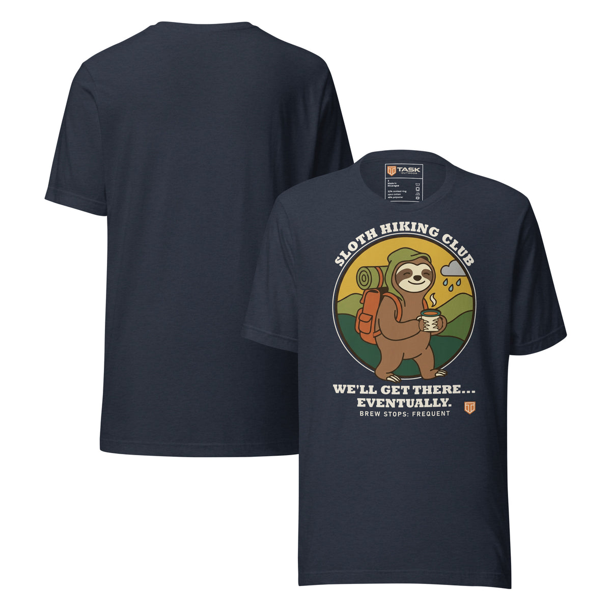 Sloth Hiking Club: Walking T-Shirt in Heather Navy, front and plain back view