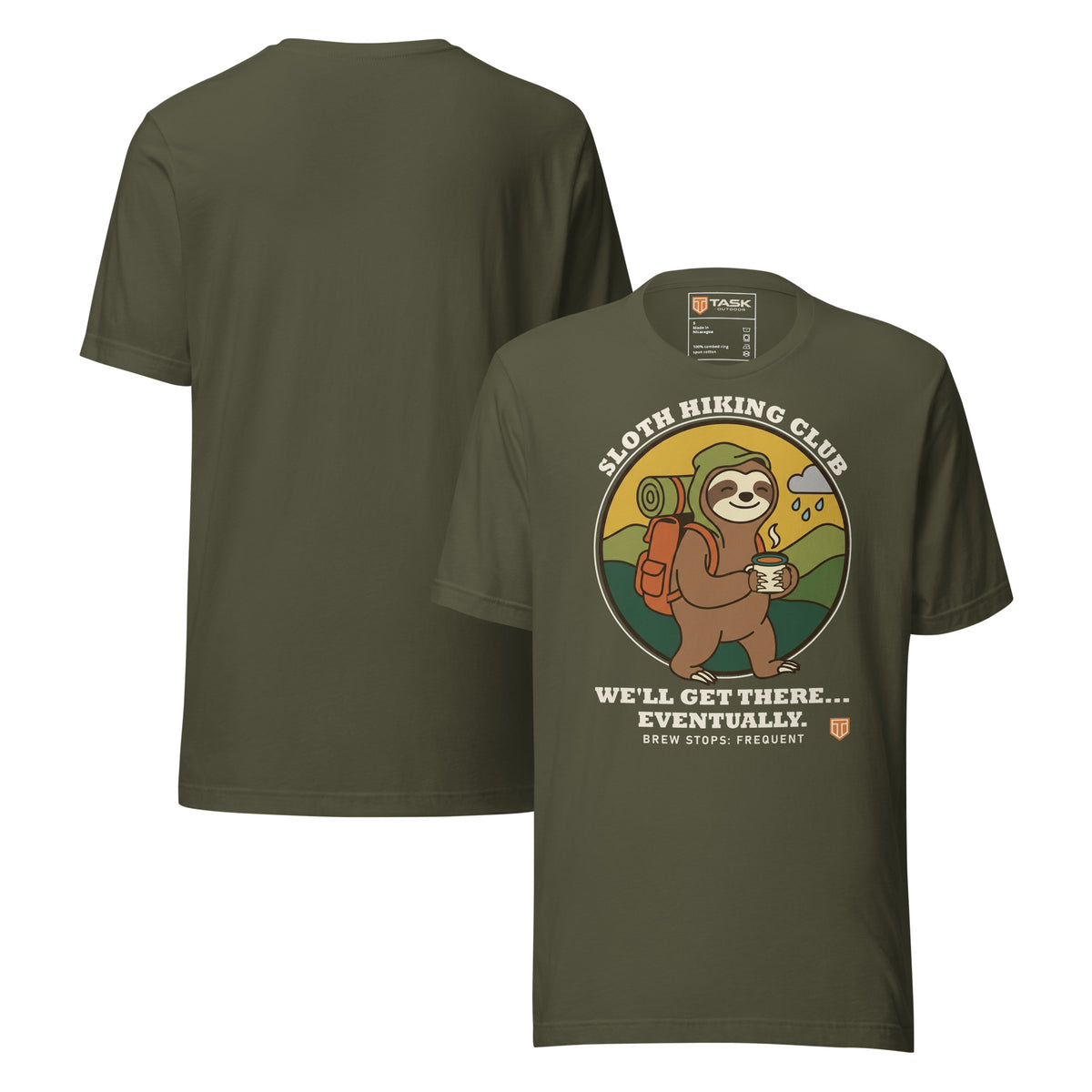 Sloth Hiking Club: Walking T-Shirt in Military Green, front and plain back view