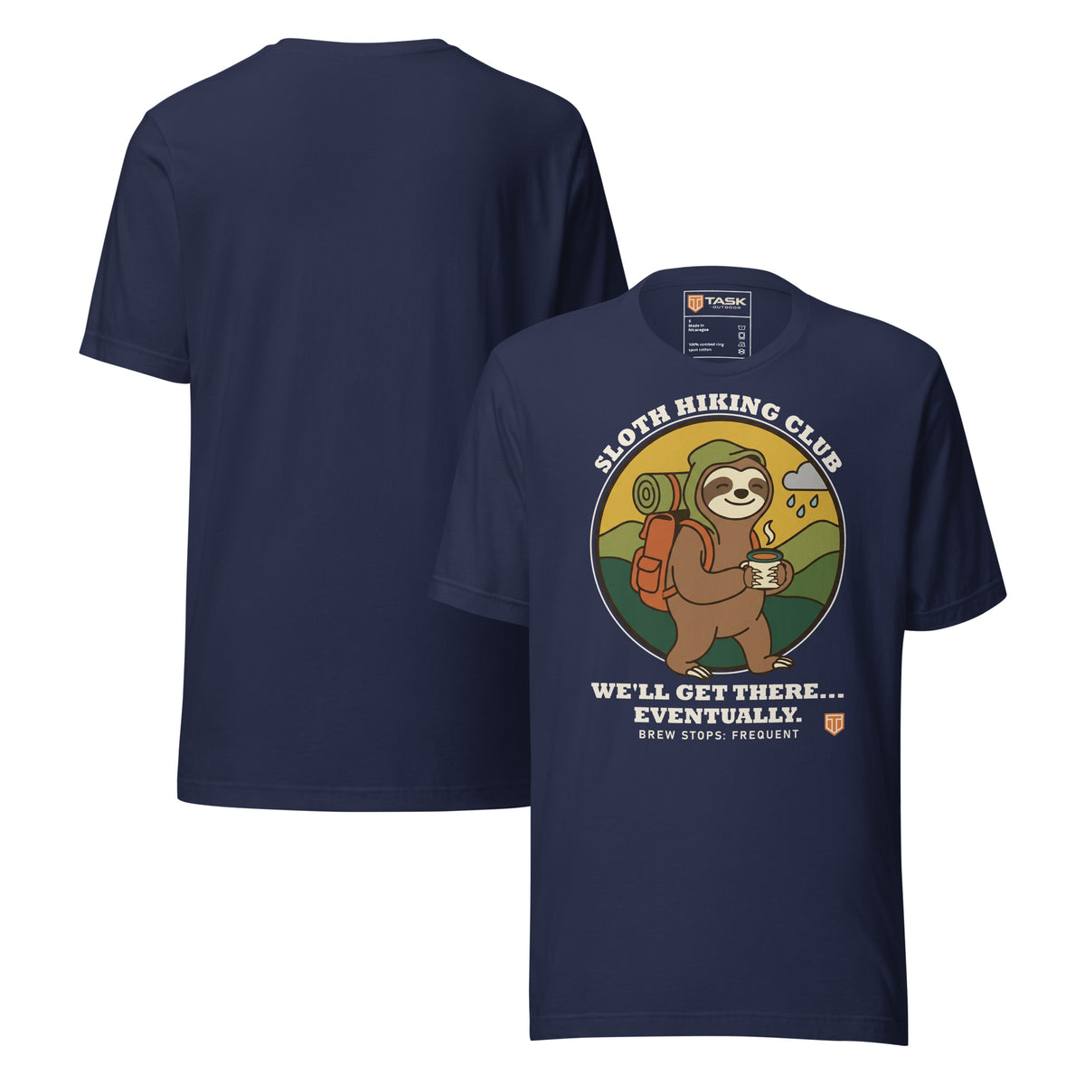Sloth Hiking Club: Walking T-Shirt in Navy, front and plain back view