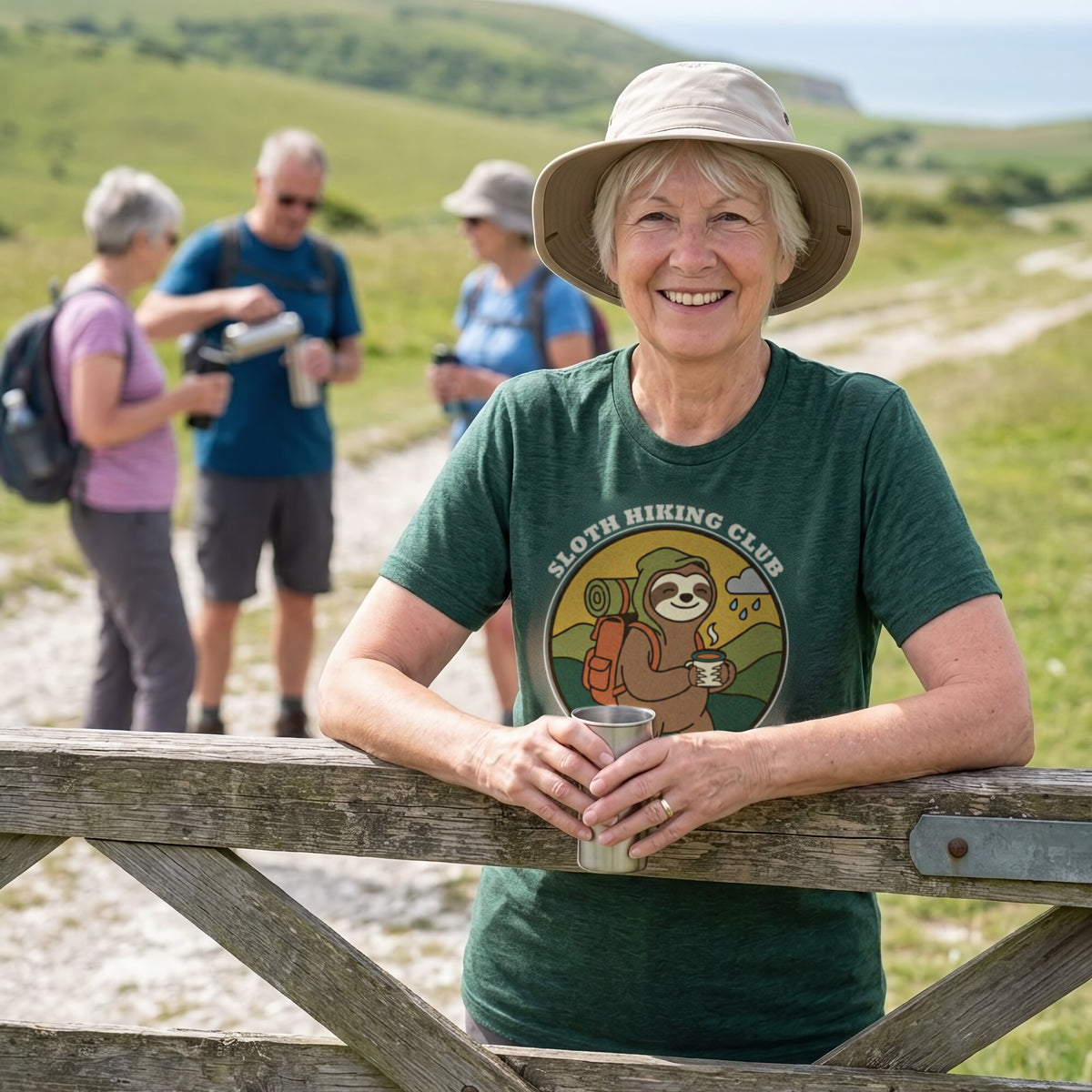 Woman leaning on a field gate on the South Downs while her walking group stops for a brew, wearing the Sloth Hiking Club: Walking T-Shirt in Heather Emerald
