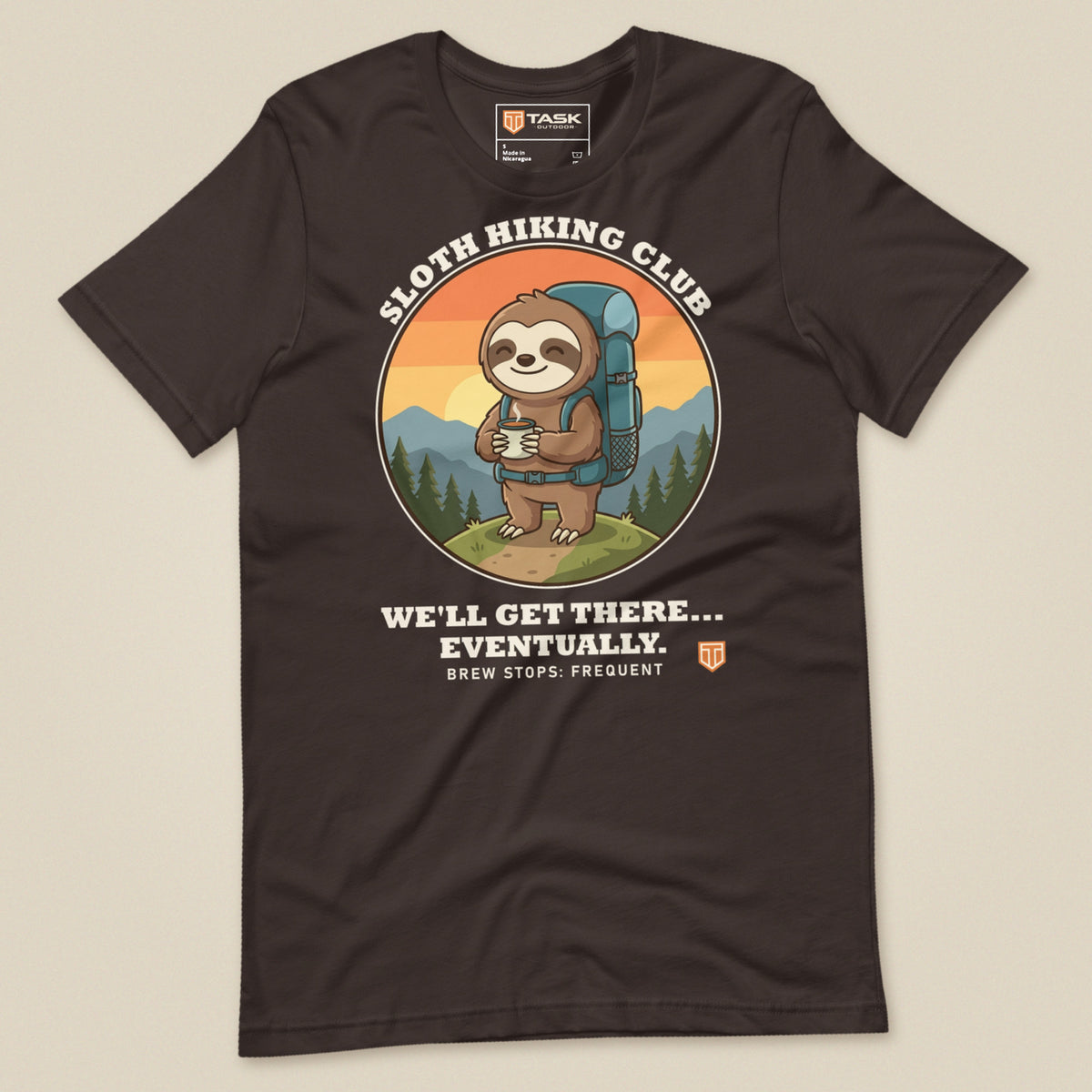 Sloth Hiking Club: Hilltop T-Shirt in Brown, laid flat, front view