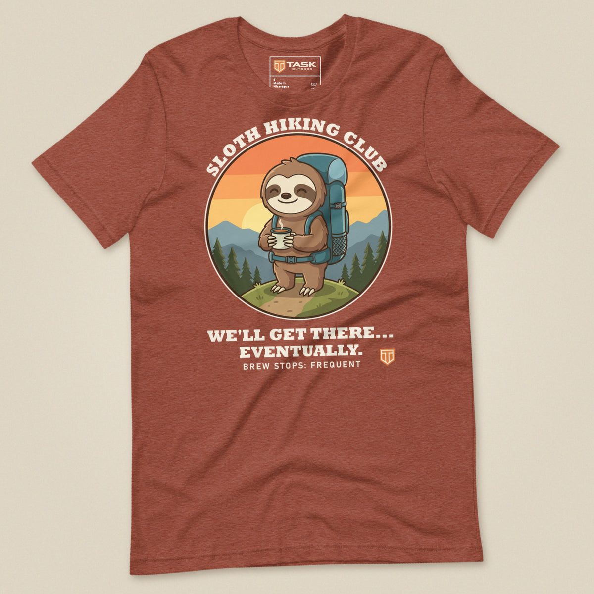 Sloth Hiking Club: Hilltop T-Shirt in Heather Clay, laid flat, front view