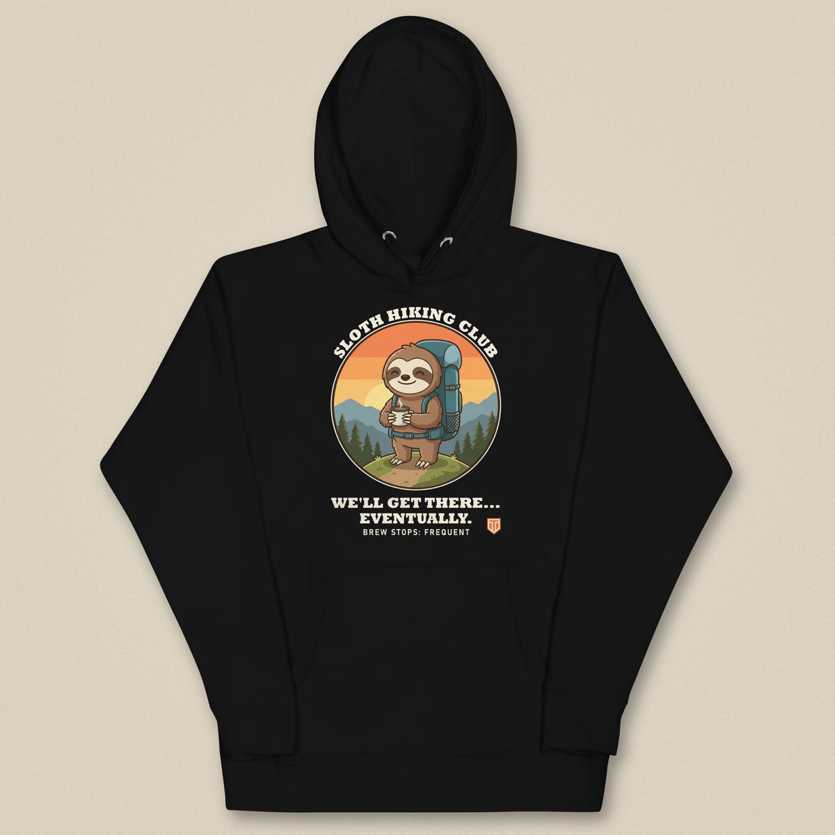 Sloth Hiking Club: Hilltop Hoodie in Black, laid flat, front view