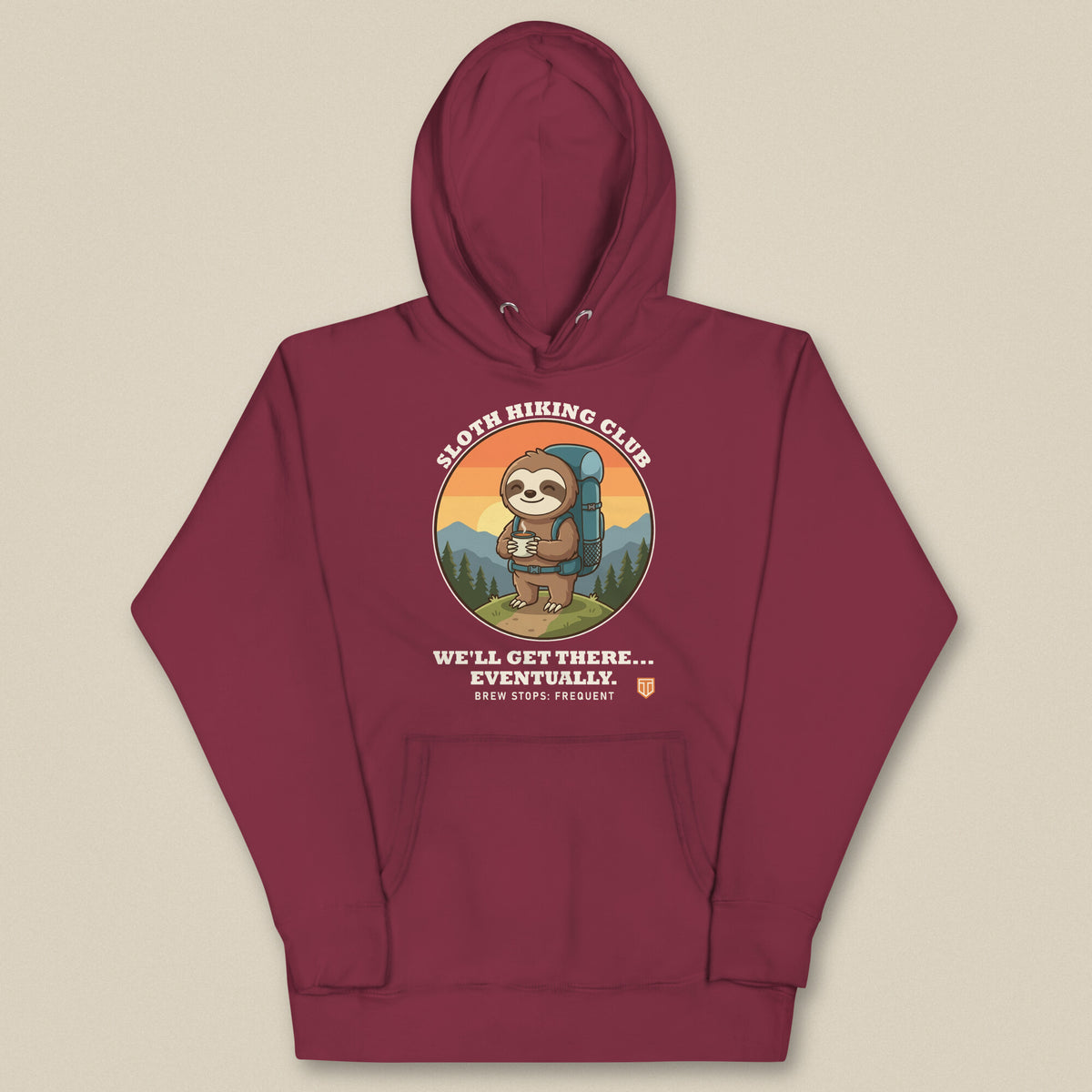 Sloth Hiking Club: Hilltop Hoodie in Maroon, laid flat, front view