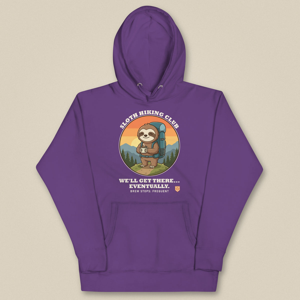 Sloth Hiking Club: Hilltop Hoodie in Purple, laid flat, front view