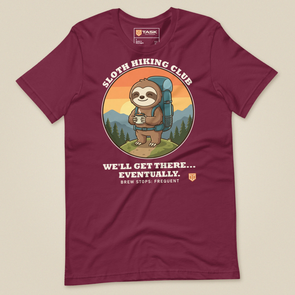 Sloth Hiking Club: Hilltop T-Shirt in Maroon, laid flat, front view