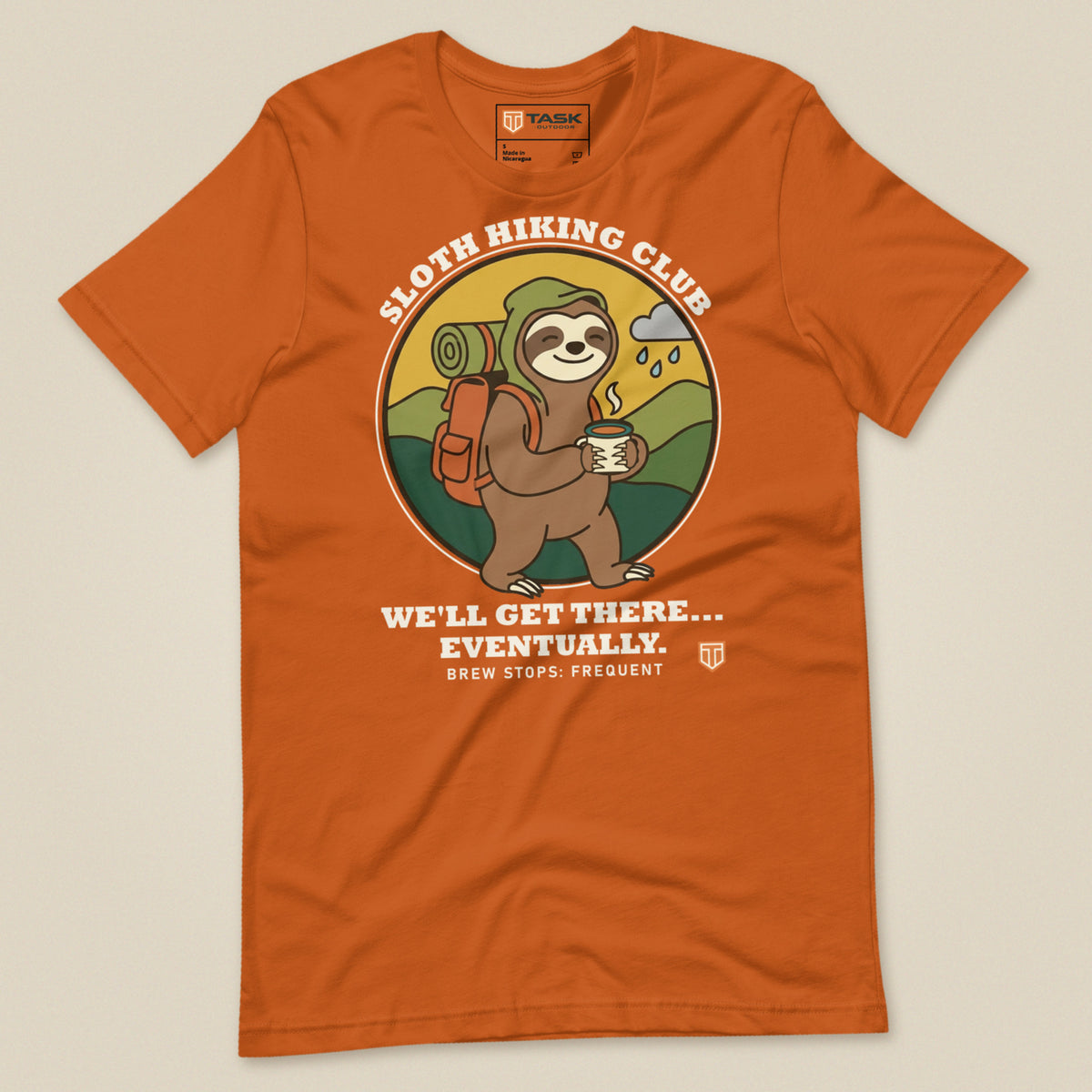 Sloth Hiking Club: Walking T-Shirt in Autumn, laid flat, front view