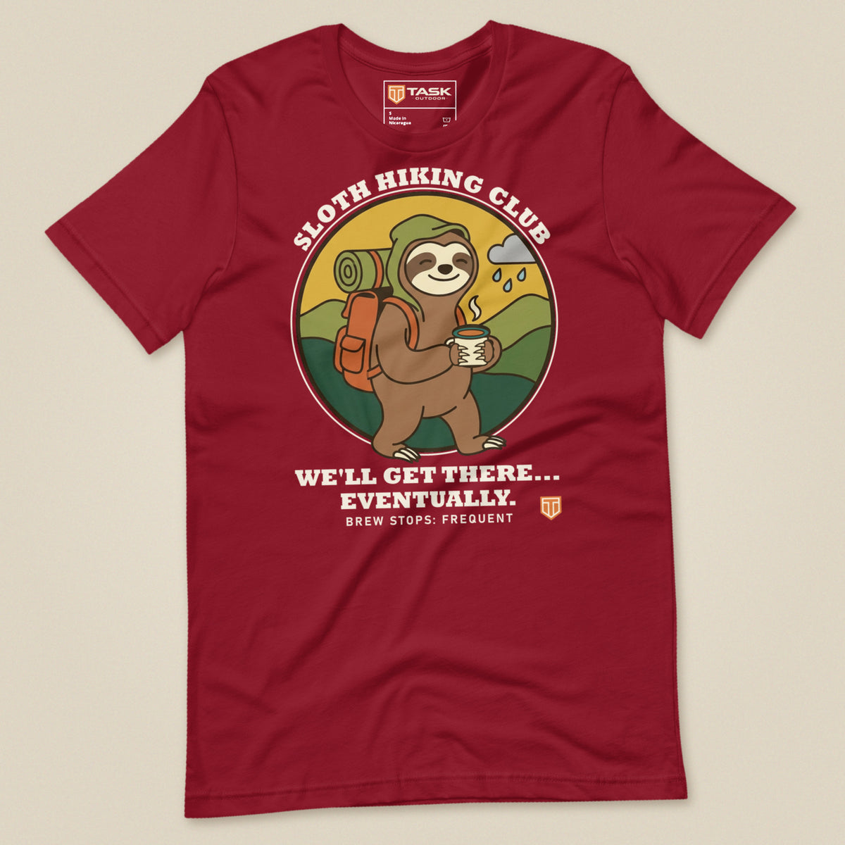 Sloth Hiking Club: Walking T-Shirt in Cardinal, laid flat, front view