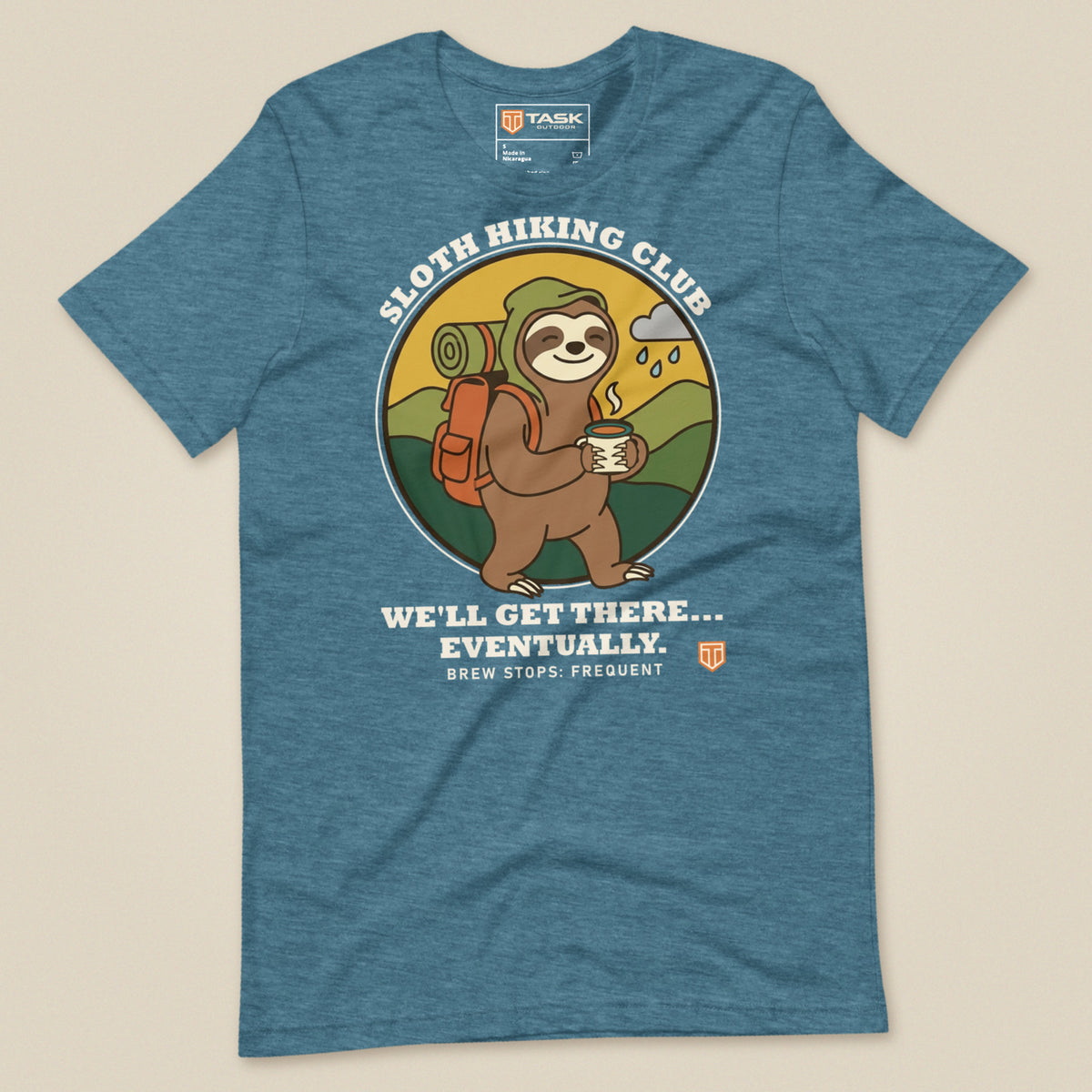 Sloth Hiking Club: Walking T-Shirt in Heather Deep Teal, laid flat, front view
