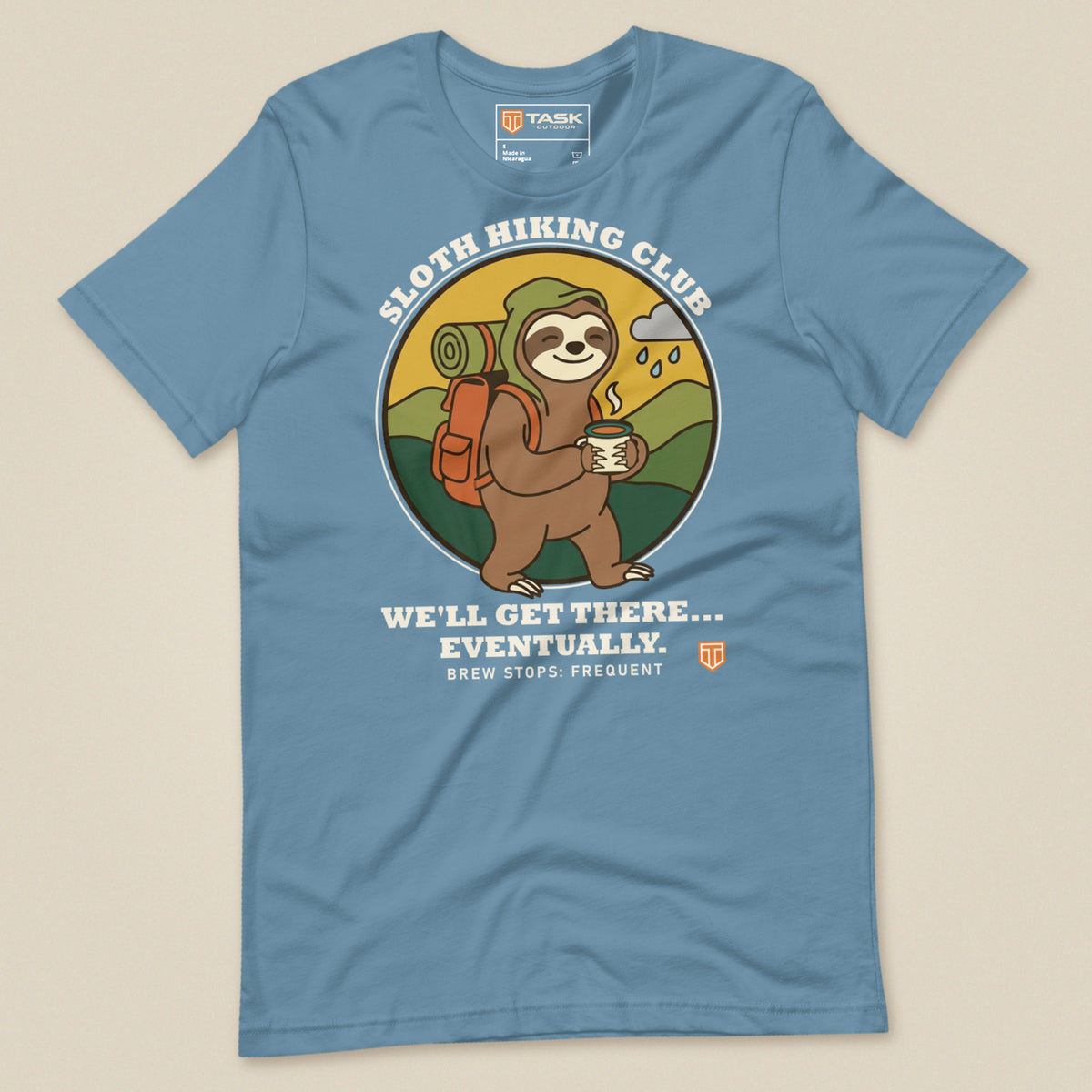 Sloth Hiking Club: Walking T-Shirt in Steel Blue, laid flat, front view