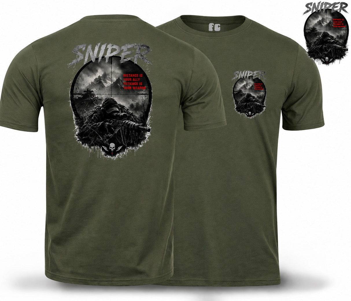 Sniper Dark Ops Double Print T-Shirt - Olive Green