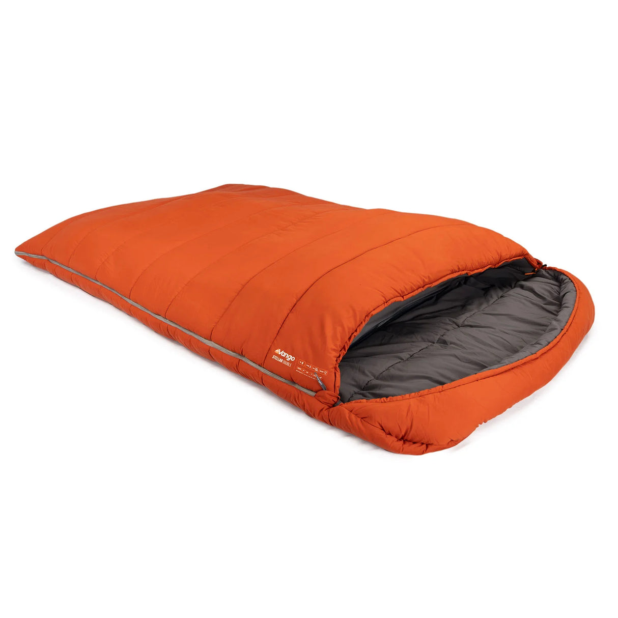 Vango Stellar Double Sleeping Bag in harissa with corner folded back showing grey lining