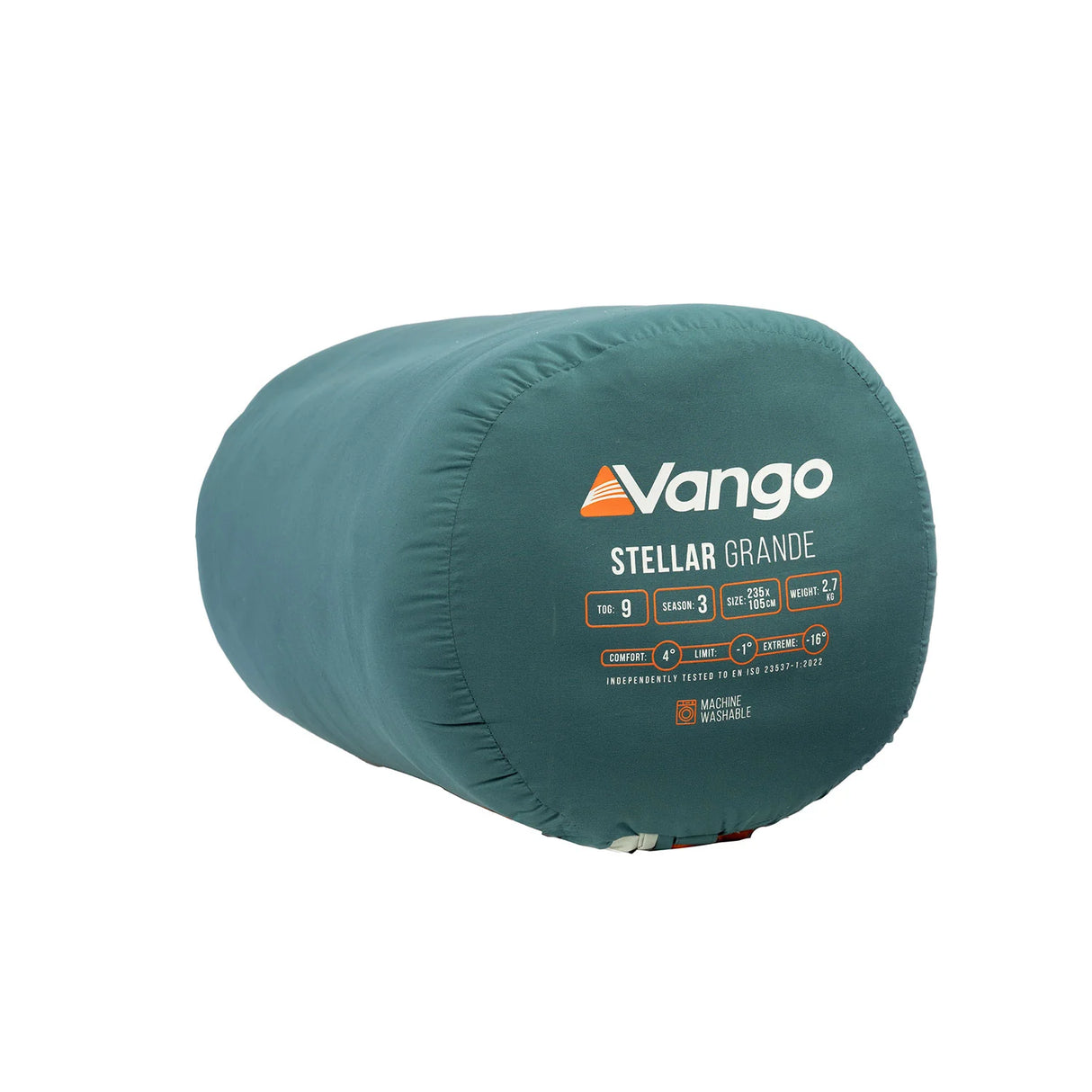 Vango Stellar Grande Sleeping Bag in oasis blue stuff sack on white background