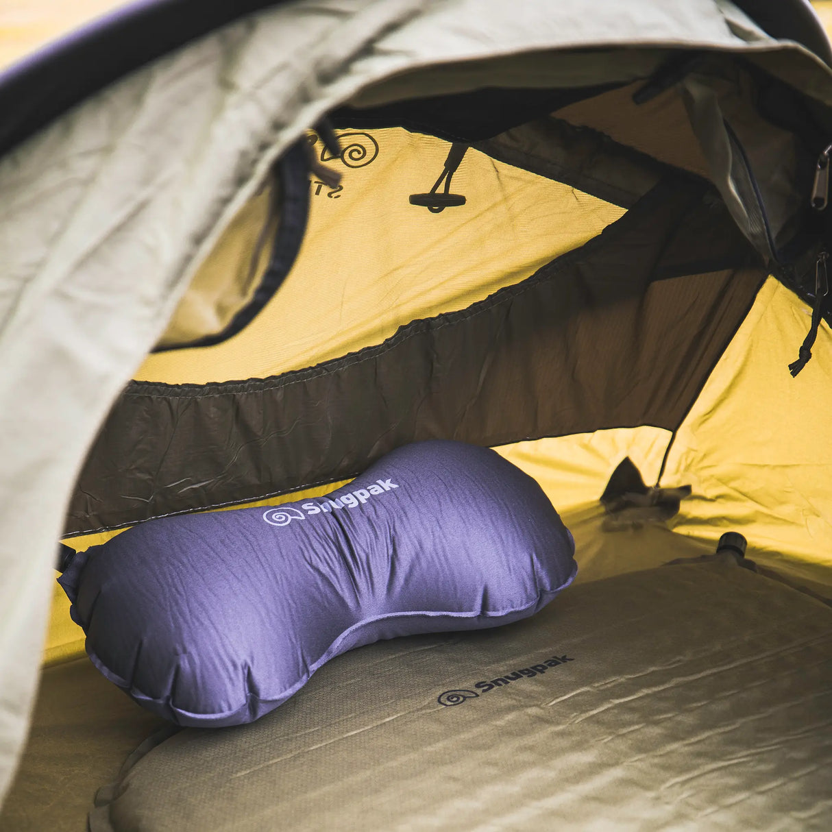 Snugpak Stratosphere WGTE Bivvi Shelter in Olive Green - interior detail with a self-inflating mat and inflatable pillow