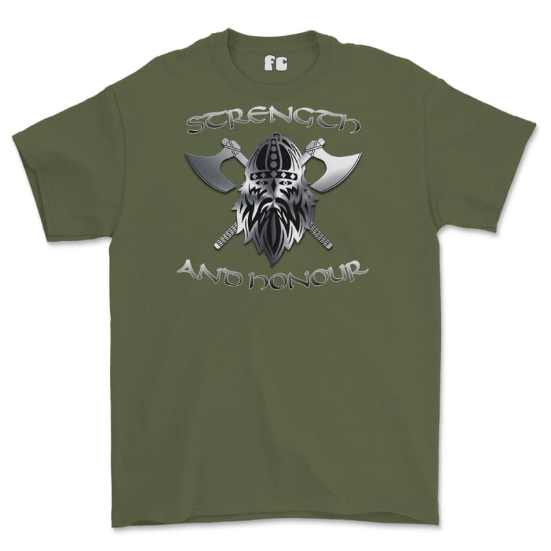 Strength and Honour Crossed Axe Viking Printed T-Shirt - Military Green