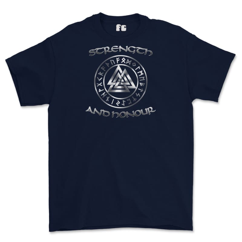 Strength and Honour Valknut Printed T-Shirt - Navy Blue