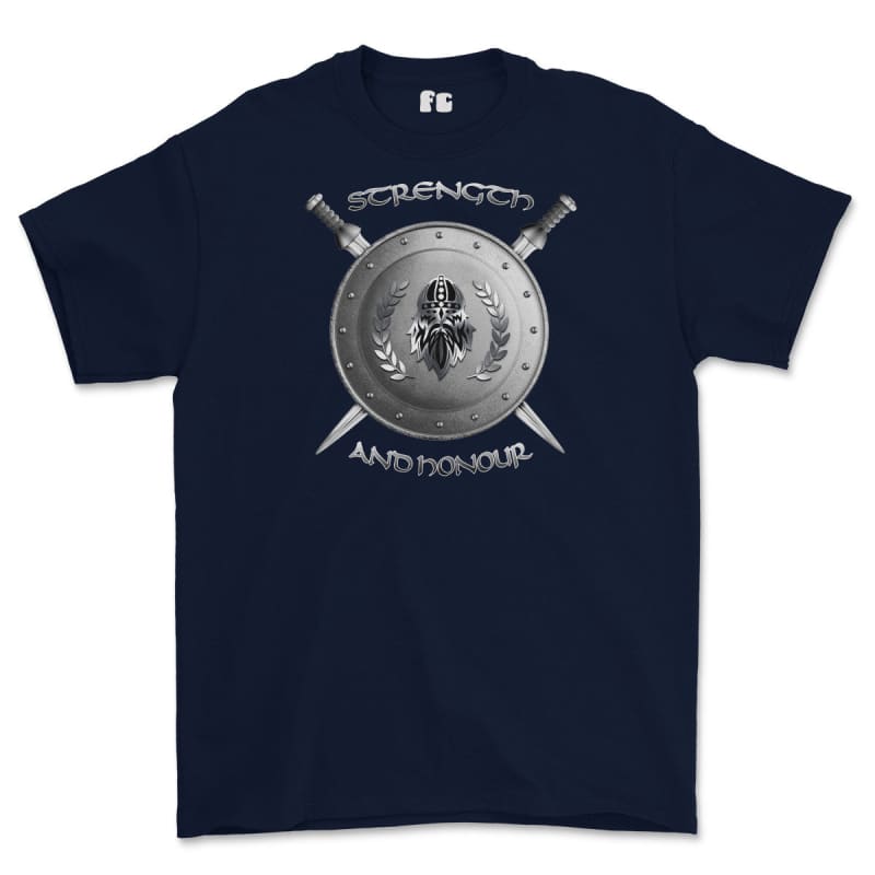 Strength and Honour Viking Shield And Swords Printed T-Shirt - Navy Blue