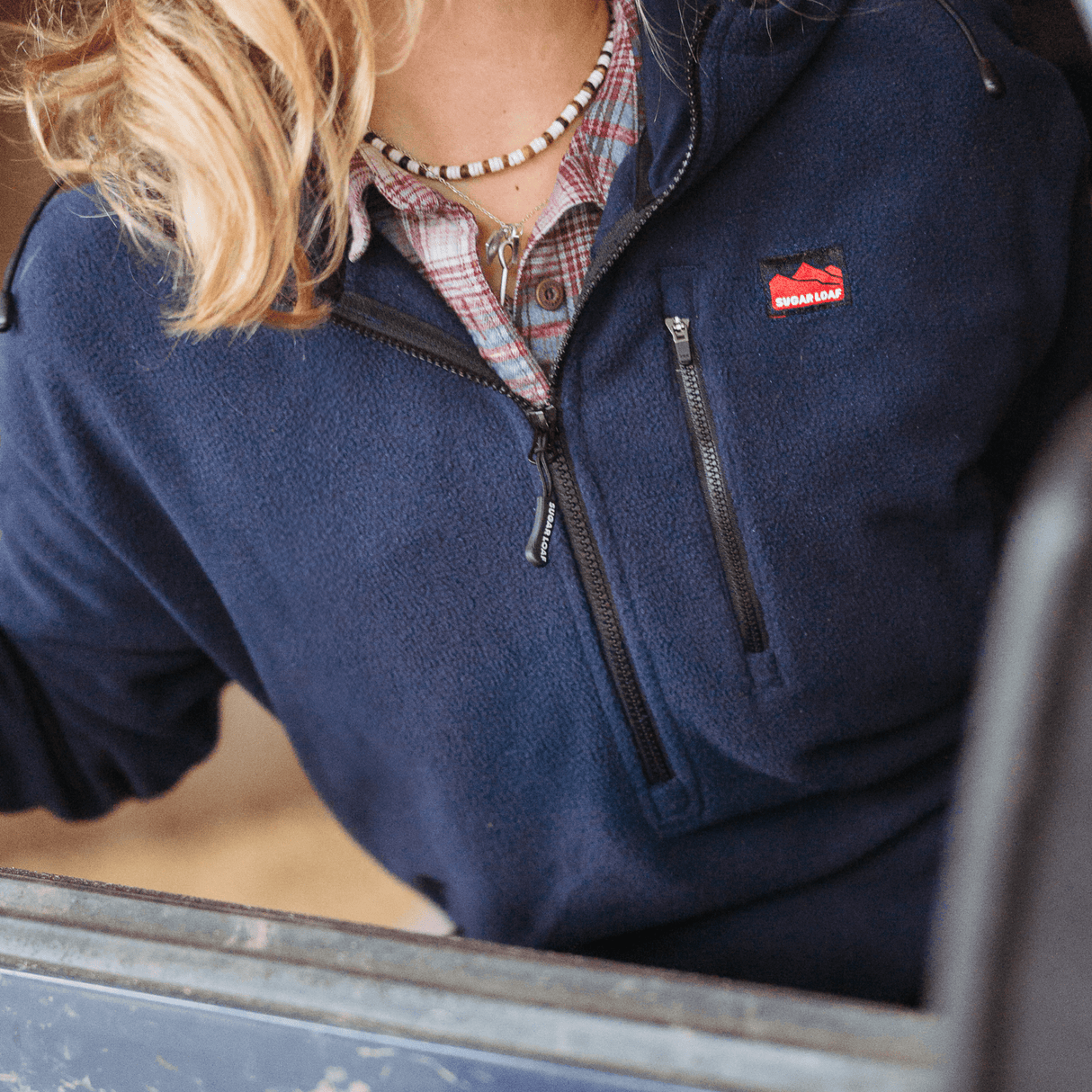 Sugar Loaf Shepherd Polar Fleece Hoodie in Navy Blue close up of chest zip pocket