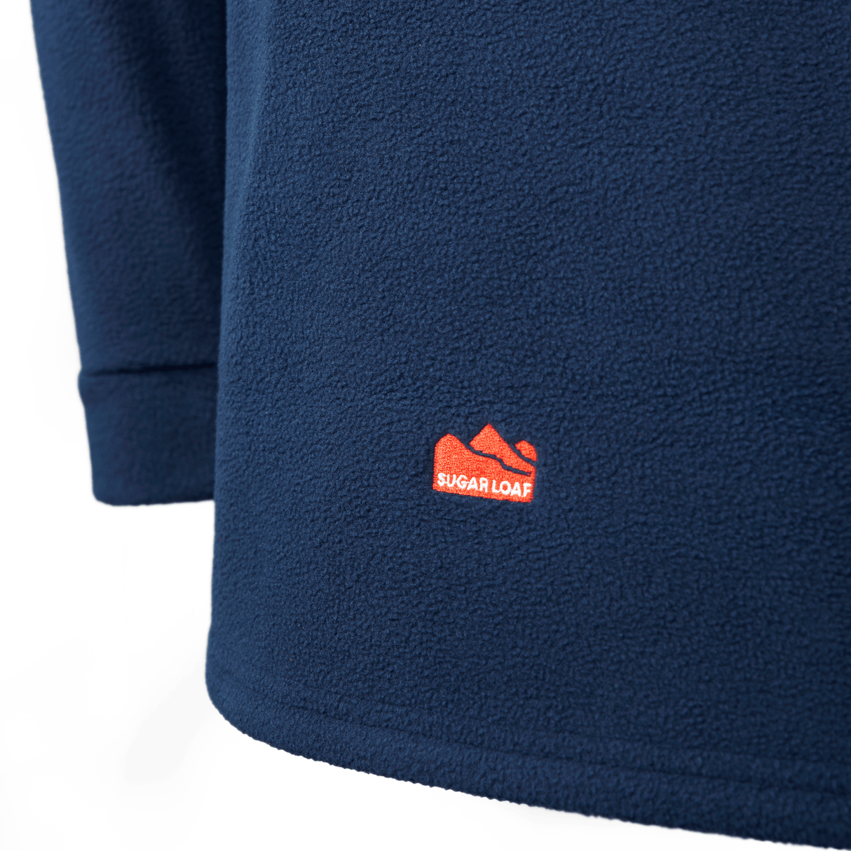 Sugar Loaf Shepherd Polar Fleece Hoodie in Navy Blue close up of logo