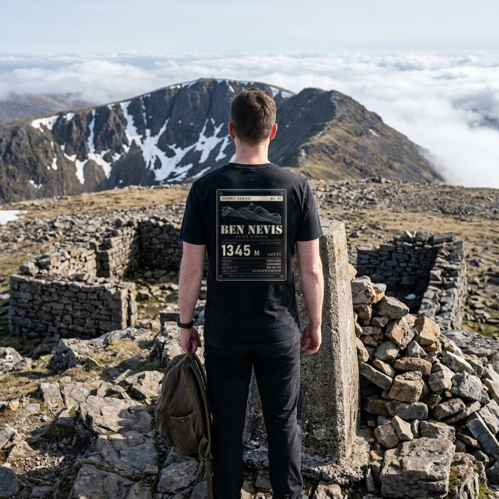Walker in the Vintage Black Ben Nevis T-shirt at the summit trig pillar by the observatory ruins, showing the 1345 m back print