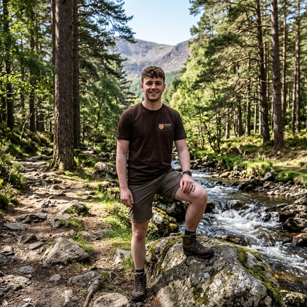 Man in the Brown Slieve Donard T-shirt on the Glen River path, one boot on a boulder beside the stream
