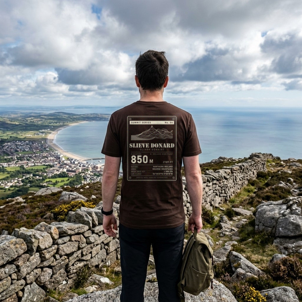 Walker in the Brown Slieve Donard T-shirt by the Mourne Wall, back print facing the camera, looking down to Newcastle
