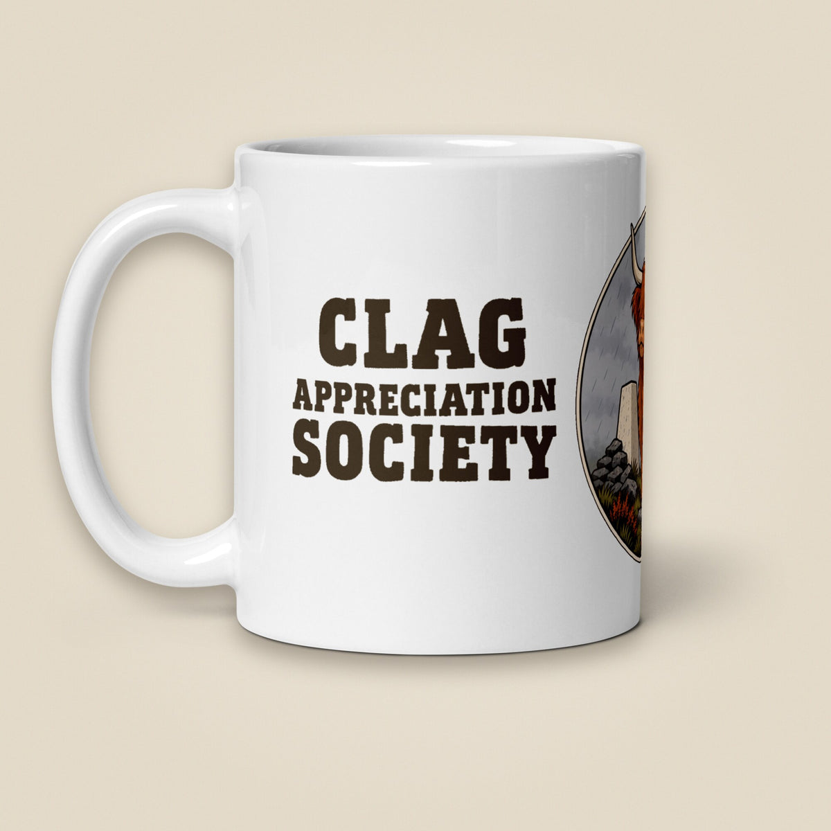 Clag Appreciation Society White Glossy Ceramic Mug in 11 oz, handle on left
