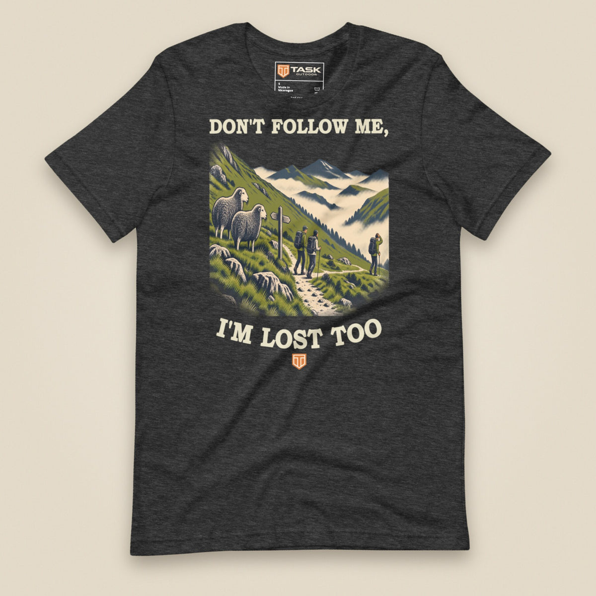 Don't Follow Me, I'm Lost Too Unisex T-Shirt in Dark Grey Heather, front view