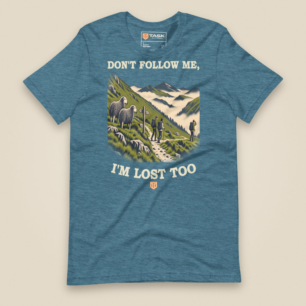 Don't Follow Me, I'm Lost Too Unisex T-Shirt in Heather Deep Teal, front view