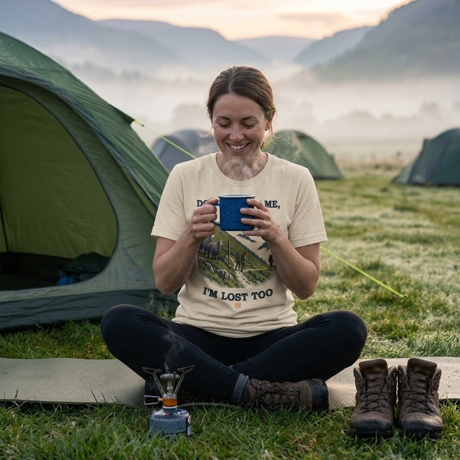 Woman wearing the Don't Follow Me, I'm Lost Too T-Shirt in Soft Cream with a camping mug at a misty campsite